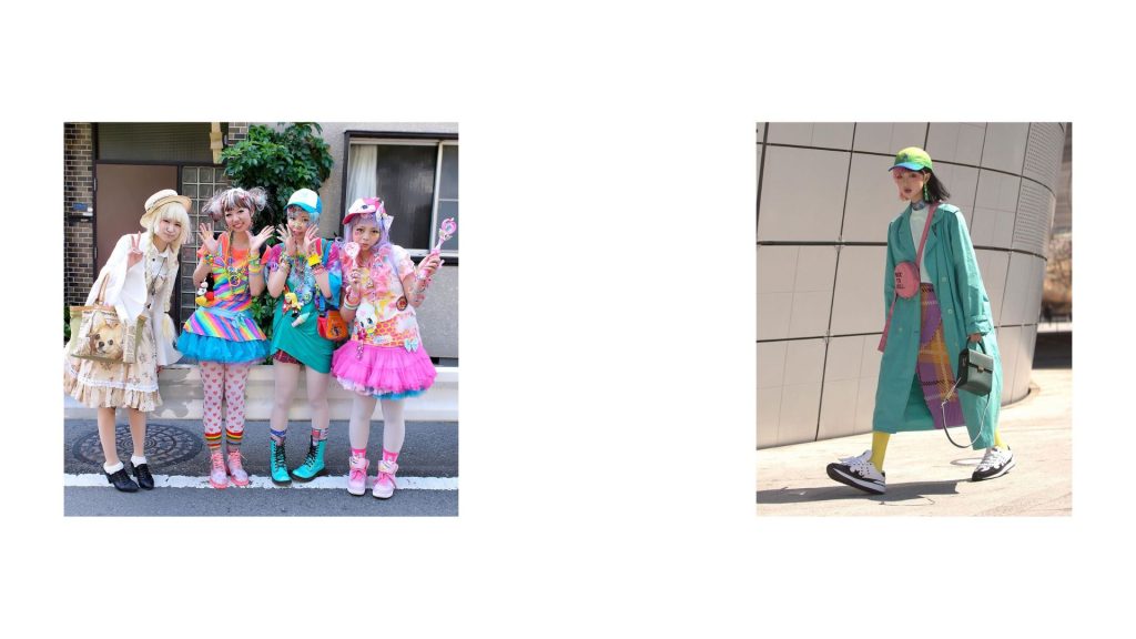 Estilo harajuku personas vestidas en la calle con colores llamativos y variados